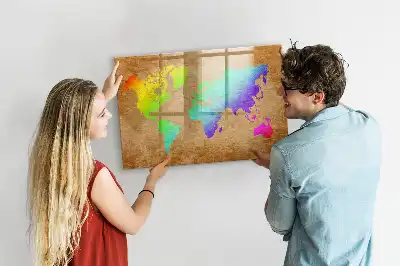 Magnetic glass dry erase board rainbow world map design