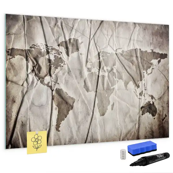 Magnetic glass dry erase board with a world map pattern