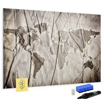 Magnetic glass dry erase board with a world map pattern
