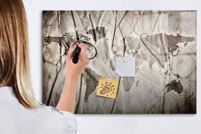 Magnetic glass dry erase board with a world map pattern