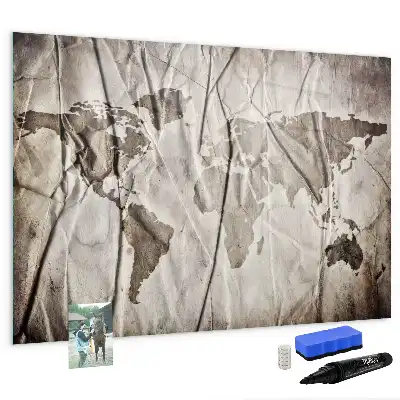 Magnetic glass dry erase board with a world map pattern