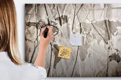 Magnetic glass dry erase board with a world map pattern