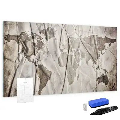 Magnetic glass dry erase board with a world map pattern
