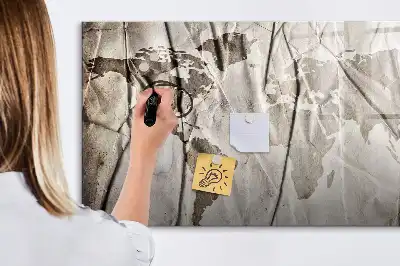 Magnetic glass dry erase board with a world map pattern