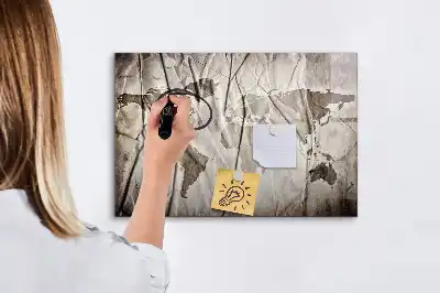 Magnetic glass dry erase board with a world map pattern