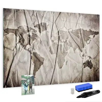 Magnetic glass dry erase board with a world map pattern