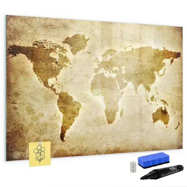 Magnetic glass dry erase board featuring an old world map design