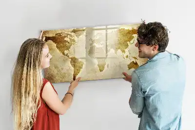Magnetic glass dry erase board featuring an old world map design