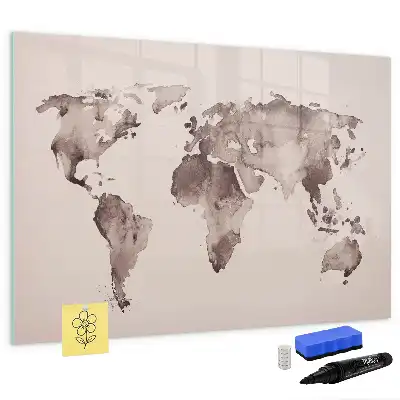 Magnetic glass dry erase board watercolor world map design