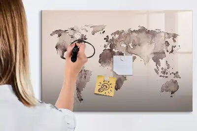 Magnetic glass dry erase board watercolor world map design
