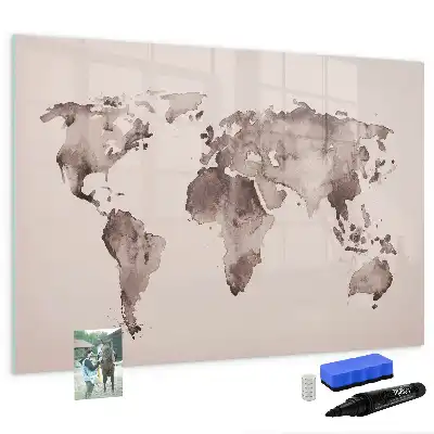 Magnetic glass dry erase board watercolor world map design