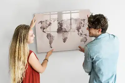 Magnetic glass dry erase board watercolor world map design