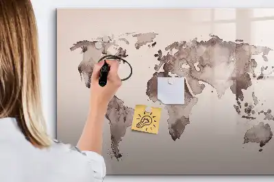 Magnetic glass dry erase board watercolor world map design