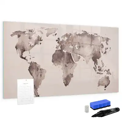 Magnetic glass dry erase board watercolor world map design