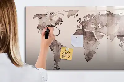 Magnetic glass dry erase board watercolor world map design