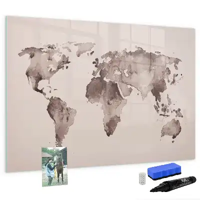 Magnetic glass dry erase board watercolor world map design