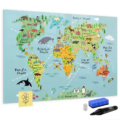Magnetic glass dry erase board with world map and animal illustrations