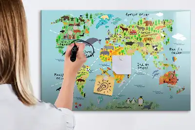 Magnetic glass dry erase board with world map and animal illustrations