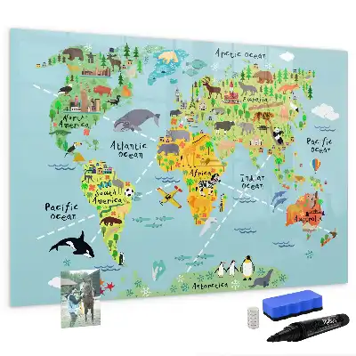 Magnetic glass dry erase board with world map and animal illustrations