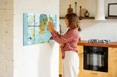 Magnetic glass dry erase board with world map and animal illustrations