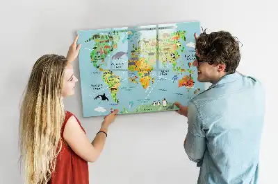 Magnetic glass dry erase board with world map and animal illustrations