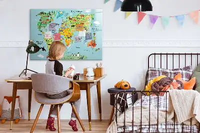 Magnetic glass dry erase board with world map and animal illustrations