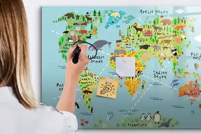 Magnetic glass dry erase board with world map and animal illustrations