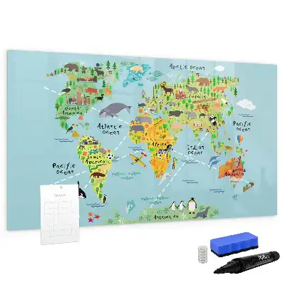 Magnetic glass dry erase board with world map and animal illustrations