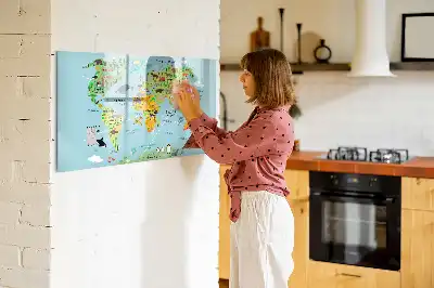 Magnetic glass dry erase board with world map and animal illustrations