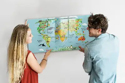 Magnetic glass dry erase board with world map and animal illustrations