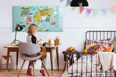 Magnetic glass dry erase board with world map and animal illustrations