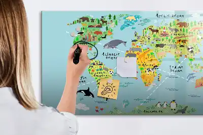 Magnetic glass dry erase board with world map and animal illustrations