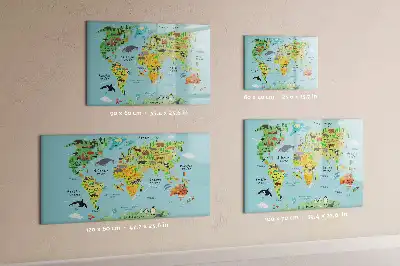 Magnetic glass dry erase board with world map and animal illustrations