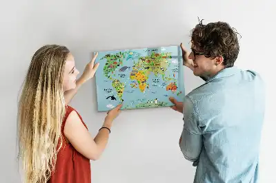Magnetic glass dry erase board with world map and animal illustrations