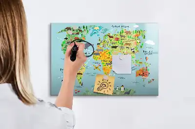 Magnetic glass dry erase board with world map and animal illustrations