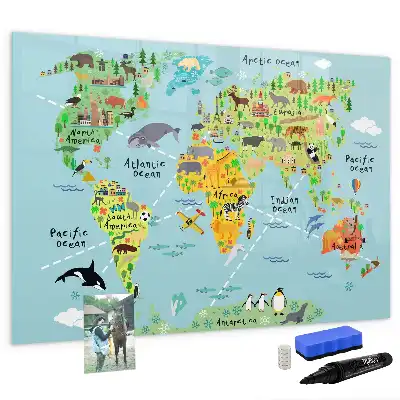 Magnetic glass dry erase board with world map and animal illustrations