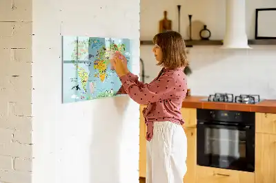 Magnetic glass dry erase board with world map and animal illustrations