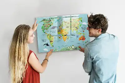Magnetic glass dry erase board with world map and animal illustrations