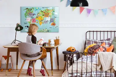 Magnetic glass dry erase board with world map and animal illustrations