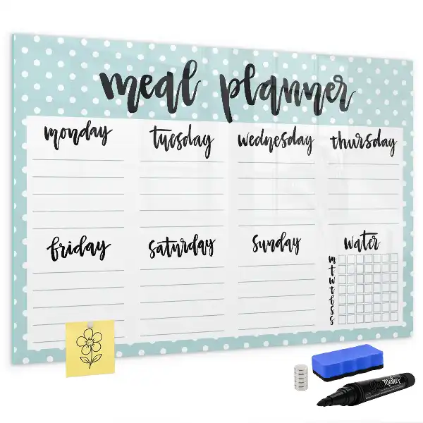 Magnetic glass dry erase meal planner for kitchen organization