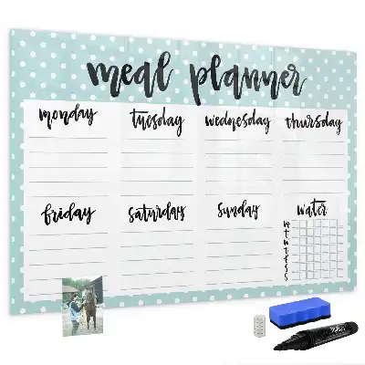Magnetic glass dry erase meal planner for kitchen organization