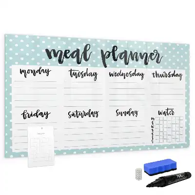 Magnetic glass dry erase meal planner for kitchen organization
