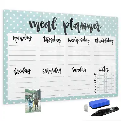 Magnetic glass dry erase meal planner for kitchen organization