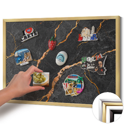 Magnetic board with a gold frame Decorated dark marble