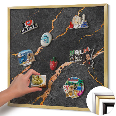 Magnetic board with a gold frame Decorated dark marble