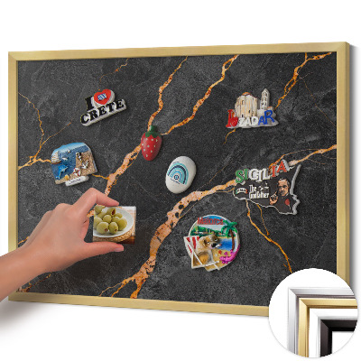 Magnetic board with a gold frame Decorated dark marble