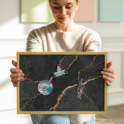 Magnetic board with a gold frame Decorated dark marble