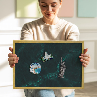 Magnetic board with a gold frame Bottle green marble