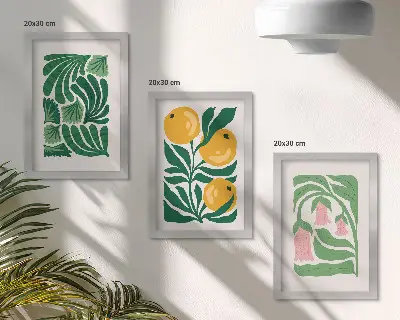 Photo frame wall with minimalist plant patterns of fruits and leaves