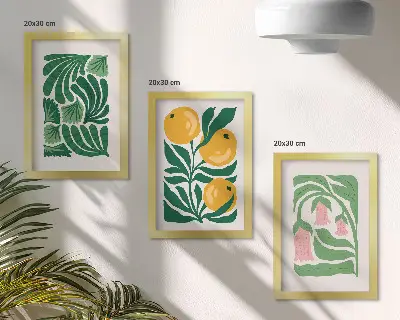 Photo frame wall with minimalist plant patterns of fruits and leaves